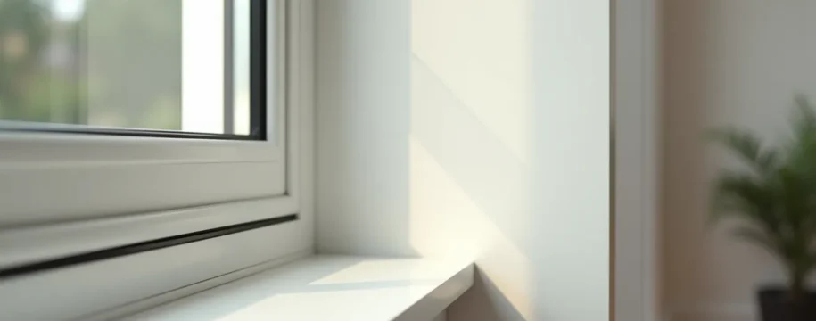 Professional close-up photograph of a modern energy-efficient window installation showing double-pane glass with reflective coating and premium frame detail