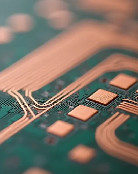 Professional close-up photograph of FR4 laminate material with copper traces and fiberglass weave