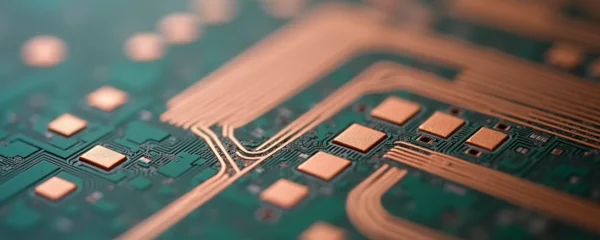 Professional close-up photograph of FR4 laminate material with copper traces and fiberglass weave