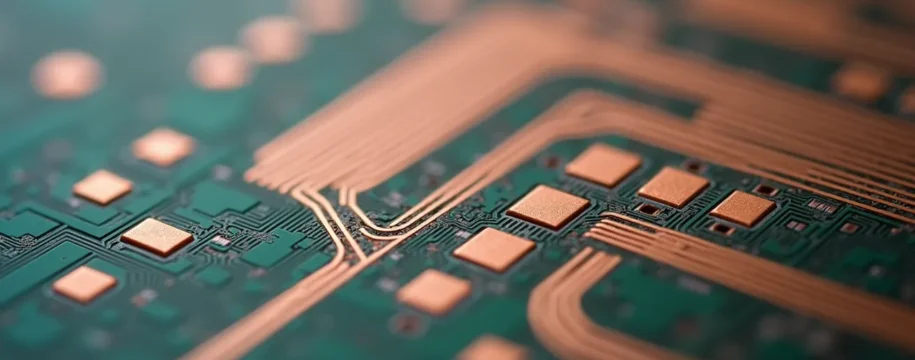 Professional close-up photograph of FR4 laminate material with copper traces and fiberglass weave