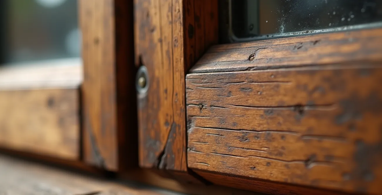 Extreme macro photograph showing the fine wood grain texture and craftsmanship detail of a restored antique window frame junction