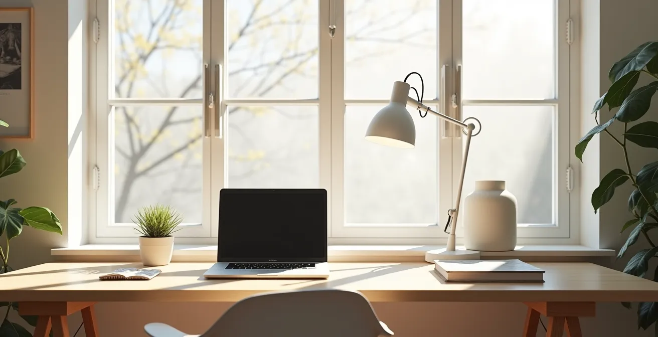 Wide-angle photograph of a serene minimalist home office bathed in soft natural window light with clean workspace and comfortable atmosphere