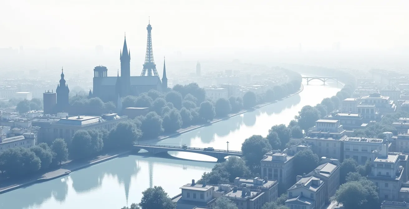 Artistic visualization of Paris monument clusters around the Batobus stops, showing Île de la Cité, Eiffel, and Louvre as distinct geographical poles