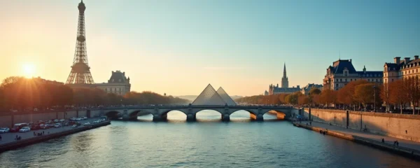 Vue panoramique de la Seine à Paris avec la Tour Eiffel, le Louvre et l'Île de la Cité au coucher du soleil
