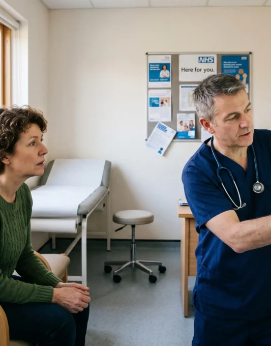 Doctor explaining knee X-ray to patient in NHS surgery consultation room with natural lighting
