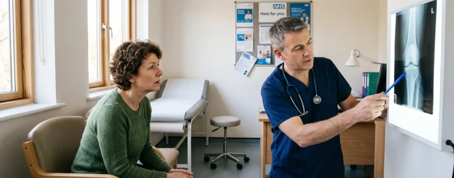 Doctor explaining knee X-ray to patient in NHS surgery consultation room with natural lighting