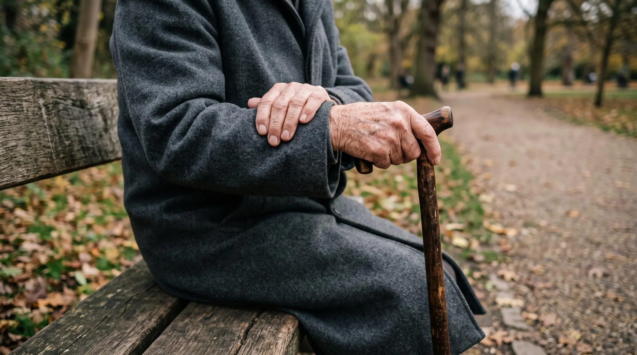 Close-up of elderly hands holding wooden walking stick while seated on park bench