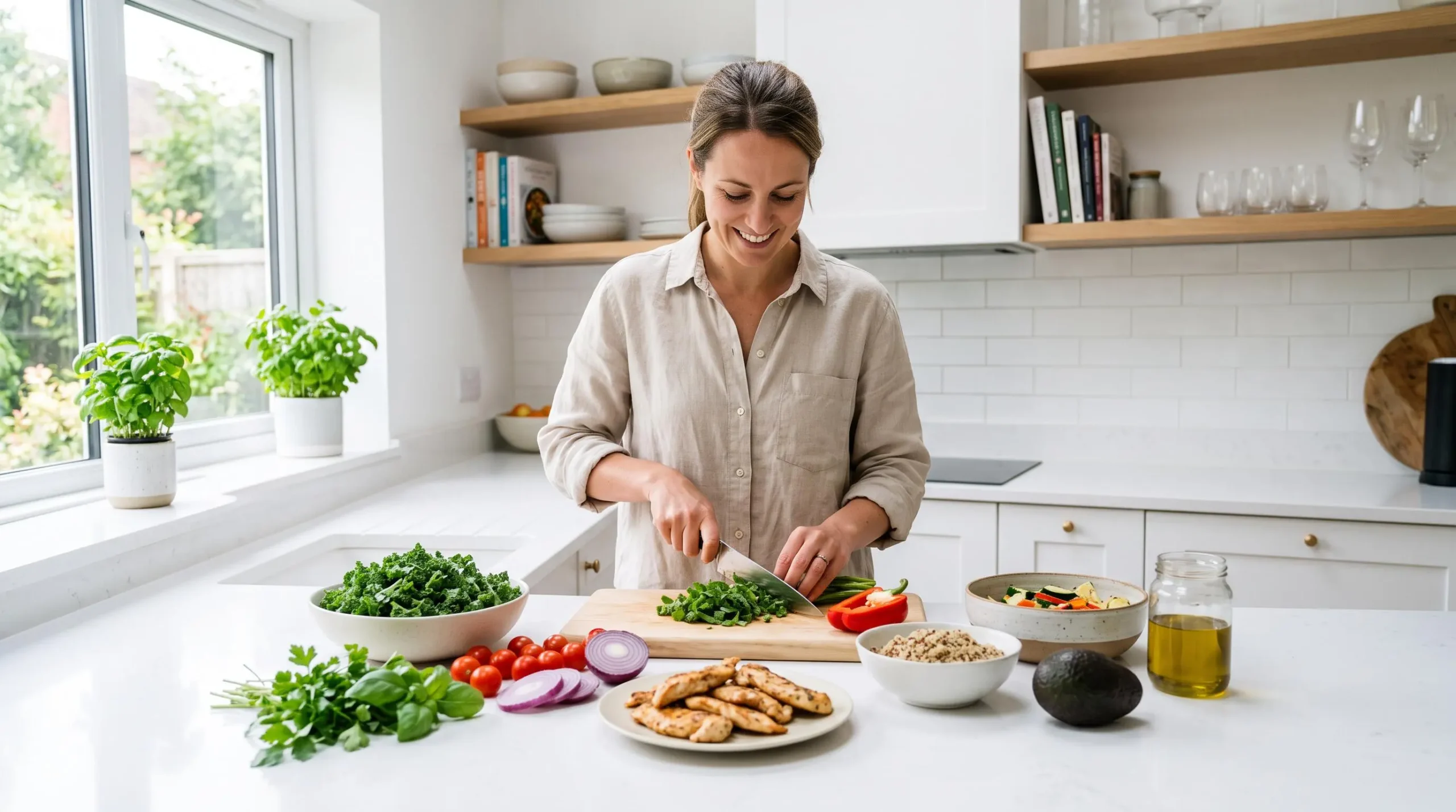 Person preparing healthy meal with fresh vegetables and lean proteins in modern kitchen
