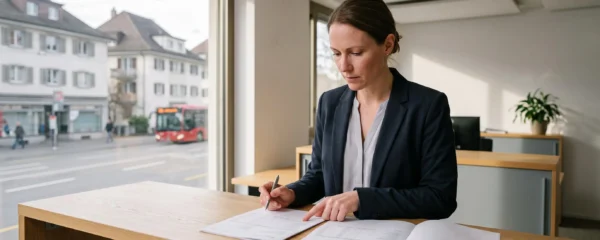 Payroll specialist comparing two salary calculation statements at a standing counter in a bright Swiss office.